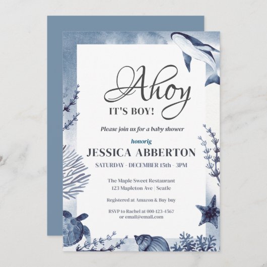 海の中に男の子が生まれた！海の動物の赤ちゃん 招待状 (正面/裏面)