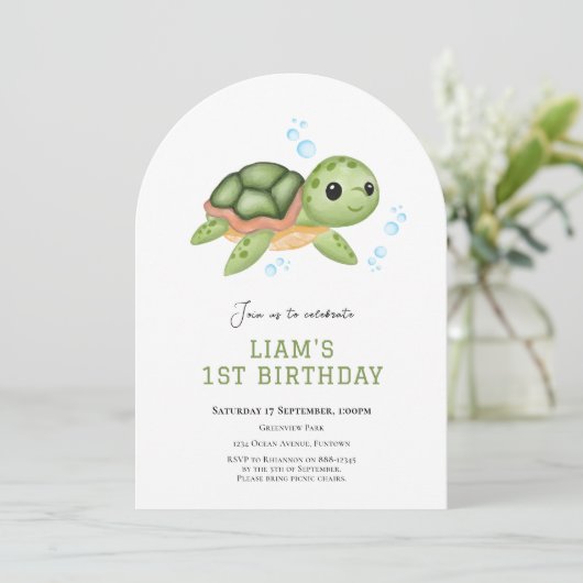 海の中のかめの1歳の誕生日招待状 招待状 (スタンド正面)