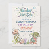 海の中のかわいいイラストの誕生日 招待状 (正面)