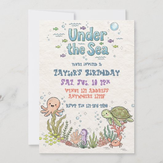 海の中のかわいいイラストの誕生日 招待状 (正面)