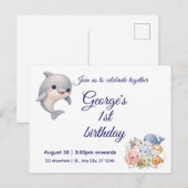 海の中のかわいい1歳の誕生日招待状 インビテーションポストカード (正面/裏面)