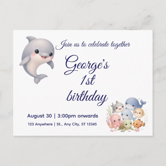 海の中のかわいい1歳の誕生日招待状 インビテーションポストカード (正面)
