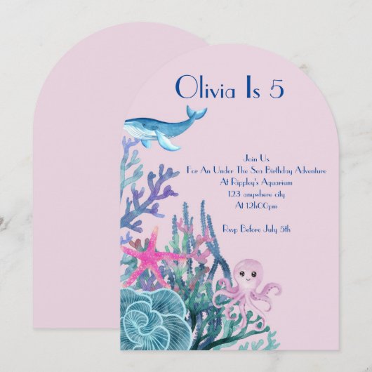 海の中のアドベンチャー誕生日カード 招待状 (正面/裏面)