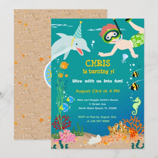 海の中のイルカと少年の誕生日パーティー 招待状 (正面/裏面)