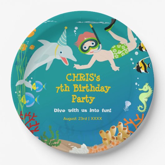 海の中のイルカと男の子の誕生日パーティー ペーパープレート (正面)