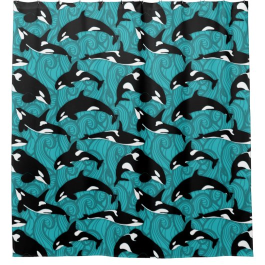 海の中のオルカスキラーパターン(の模様が)あるクジラ シャワーカーテン (正面)
