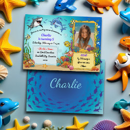 海の中のオーシャンアニマルズ フォト キッズ バースデー 招待状