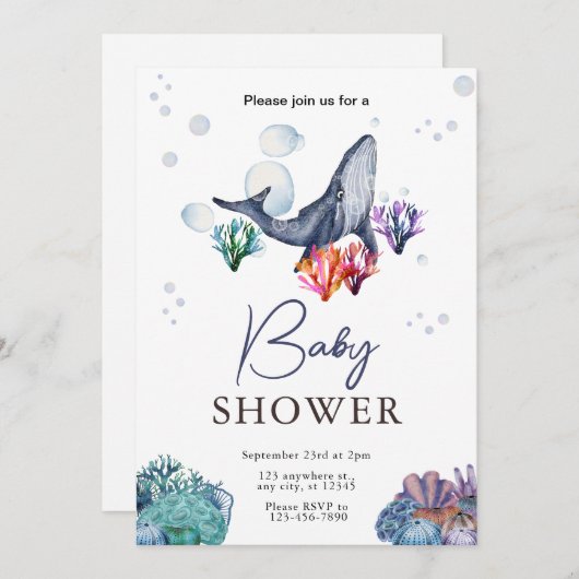 海の中のオーシャン水彩ベビーシャワー招待状 招待状 (正面/裏面)