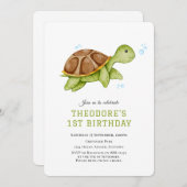 海の中のカワイイカメ　1歳の誕生日招待状 招待状 (正面/裏面)