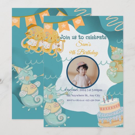 海の中のキッズ誕生日招待状 シーズンカード (正面/裏面)