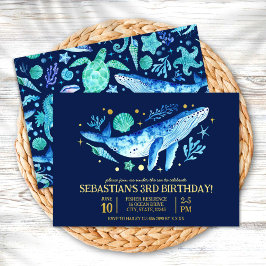 海の中のクジラの水彩ネイビーブルーの誕生日 箔招待状