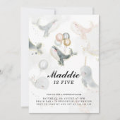 海の中のクジラの誕生日パーティー 水彩画イラスト 招待状 (正面)