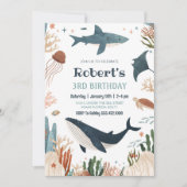 海の中のクジラ カメ サメ 1歳の誕生日 招待状 (正面)