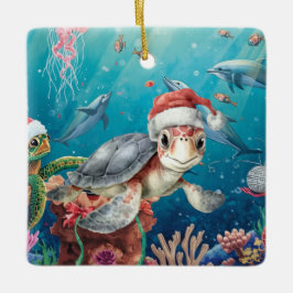 海の中のクリスマスパーティー タートルサンタの帽子 セラミックオーナメント