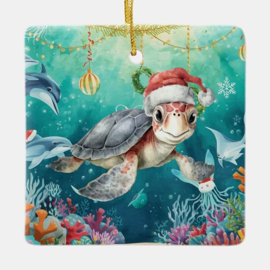 海の中のクリスマスパーティー タートルサンタの帽子 セラミックオーナメント (正面)