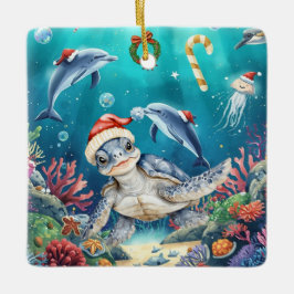 海の中のクリスマスパーティー タートルサンタハット セラミックオーナメント