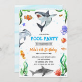 海の中のサメのシャワー誕生日パーティー 招待状 (正面/裏面)