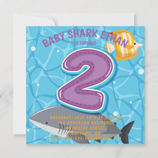 『海の中のサメ』2歳の誕生日パーティー招待状 招待状 (正面)