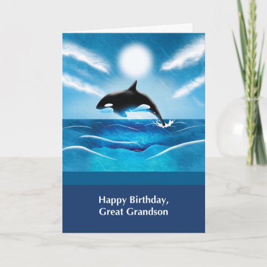 海の中のシャチと誕生日を祝う曾孫へ カード (正面)