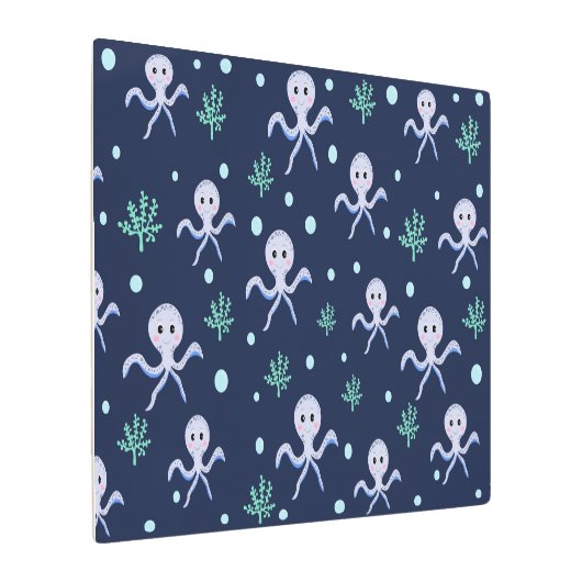 海の中のタコの子供向けパターン メタルプリント (アングル)