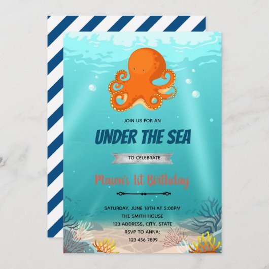 海の中のタコの誕生日招待状 招待状 (正面/裏面)