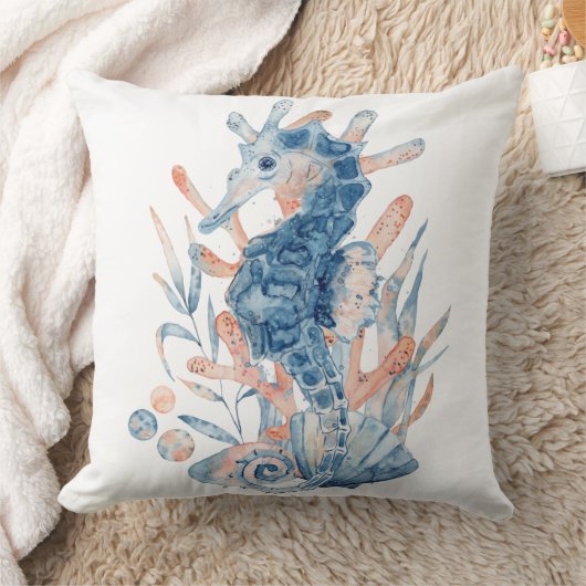 海の中のタツノオトシゴの貝 青い誕生日 キッズ用 クッション (ブランケット)