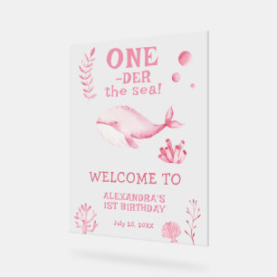 海の中のピンクのクジラの1歳の誕生日 アクリルサイン