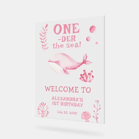 海の中のピンクのクジラの1歳の誕生日 アクリルサイン (傾斜)