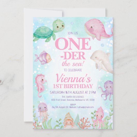海の中のピンクのクジラ 海の生き物 1歳の誕生日 招待状 (正面)