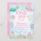 海の中のピンクのクジラ 海の生き物 1歳の誕生日 招待状 (正面/裏面)