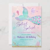 海の中のピンクパープルの人魚の尾の誕生日 招待状 (正面)