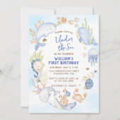 海の中のブルーボーイの1歳の誕生日パーティー 招待状 (正面)