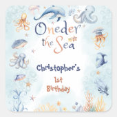 海の中のブルーワンダーランド 1歳の誕生日ステッカー スクエアシール (正面)