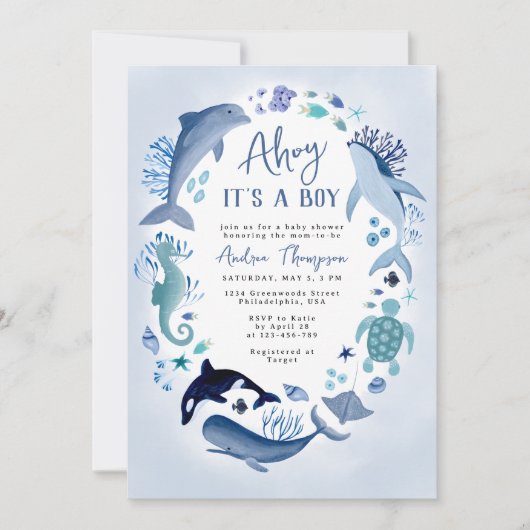 海の中のボーイ!ブルーの「Ahoy It's a Boy」ベビーシャワー 招待状 (正面)