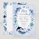 海の中のボーイ!ブルーの「Ahoy It's a Boy」ベビーシャワー 招待状 (正面/裏面)