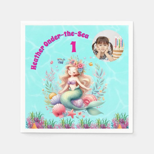 海の中のマジカルマーメイド1歳誕生日写真 スタンダードカクテルナプキン (正面)