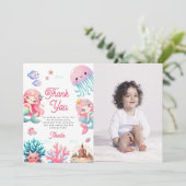 海の中のマーメイドの子供の誕生日パーティーの写真 サンキューカード (スタンド正面)