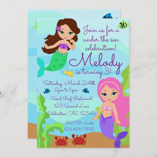 海の中のマーメイドの誕生日パーティー 招待状 (正面/裏面)