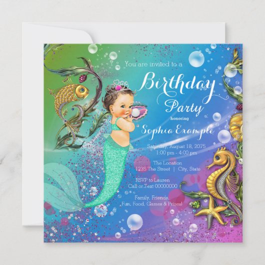 海の中のマーメイド誕生日パーティー 招待状 (正面)