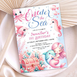 海の中のワンダー！ピンクのリトルマーメイド1歳の誕生日 招待状