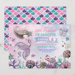 海の中の人魚とカメとイッカクの誕生日 招待状