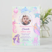 海の中の人魚の女の子 1歳の誕生日おめでとう招待状 招待状 (スタンド正面)