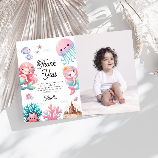 海の中の人魚の子供の誕生日パーティー サンキューカード