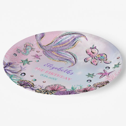 海の中の人魚の尾の誕生日パーティー ペーパープレート (アングル)