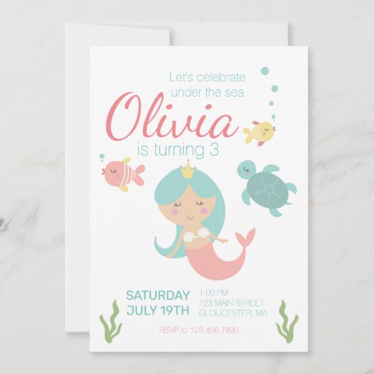 海の中の人魚の誕生日パーティー招待状 招待状 (正面)