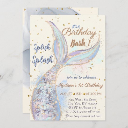 海の中の人魚の誕生日 招待状 (正面/裏面)