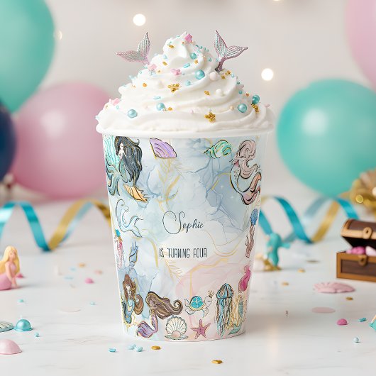 海の中の人魚 テーマの子供の誕生日パーティー 紙コップ