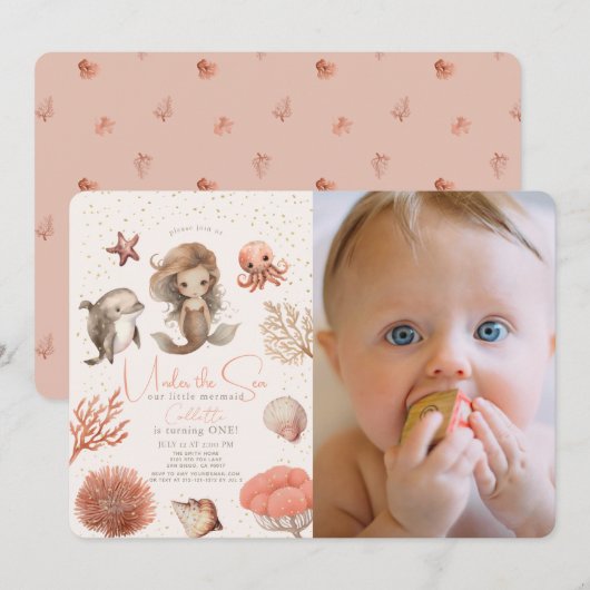 海の中の人魚 海のピンク 1歳の誕生日写真 招待状 (正面/裏面)