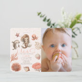 海の中の人魚 海のピンク 1歳の誕生日写真 招待状 (スタンド正面)