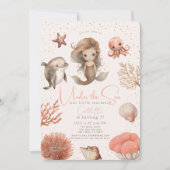 海の中の人魚 海 水彩 ピンク 誕生日 招待状 (正面)